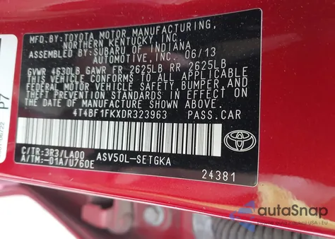 2013 Toyota Camry Xle из США, поврежденный, VIN 4T4BF1FKXDR323963